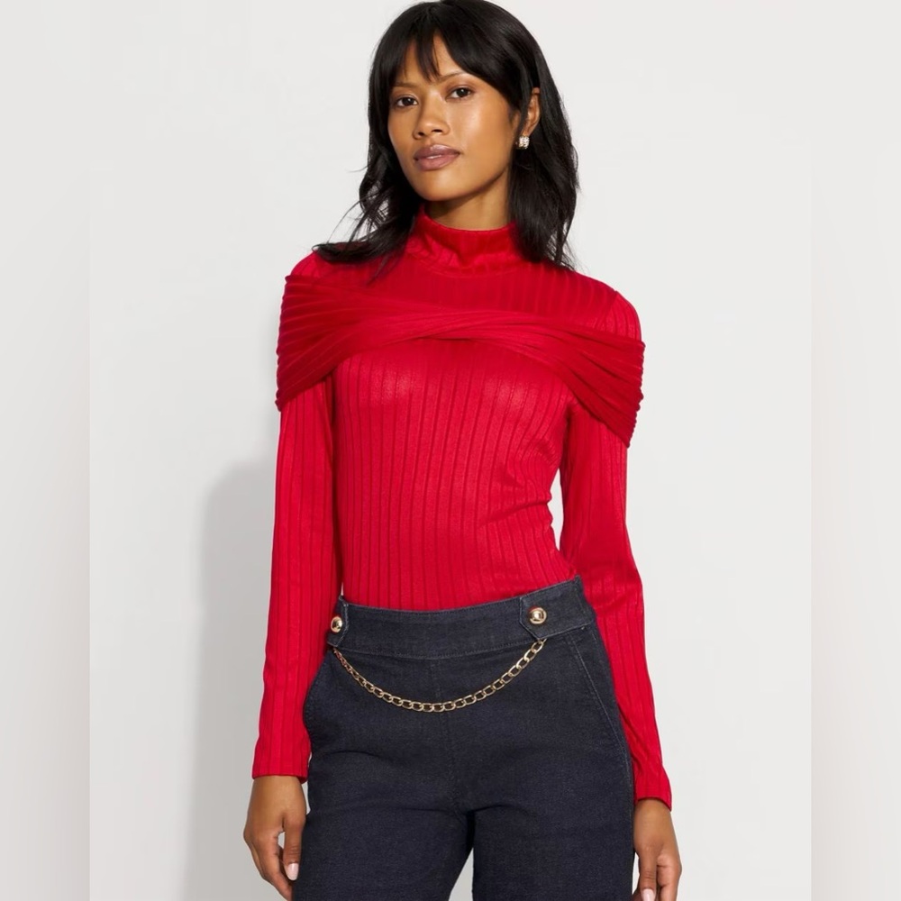 New White House Black Market Convertible Mock Neck Rib Knit Top Size Large